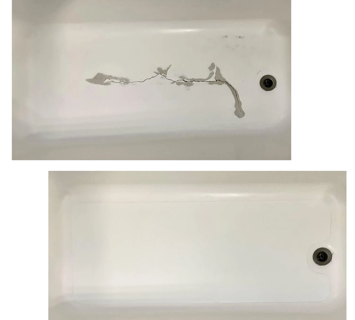 Before and after repair of a badly cracked tub floor