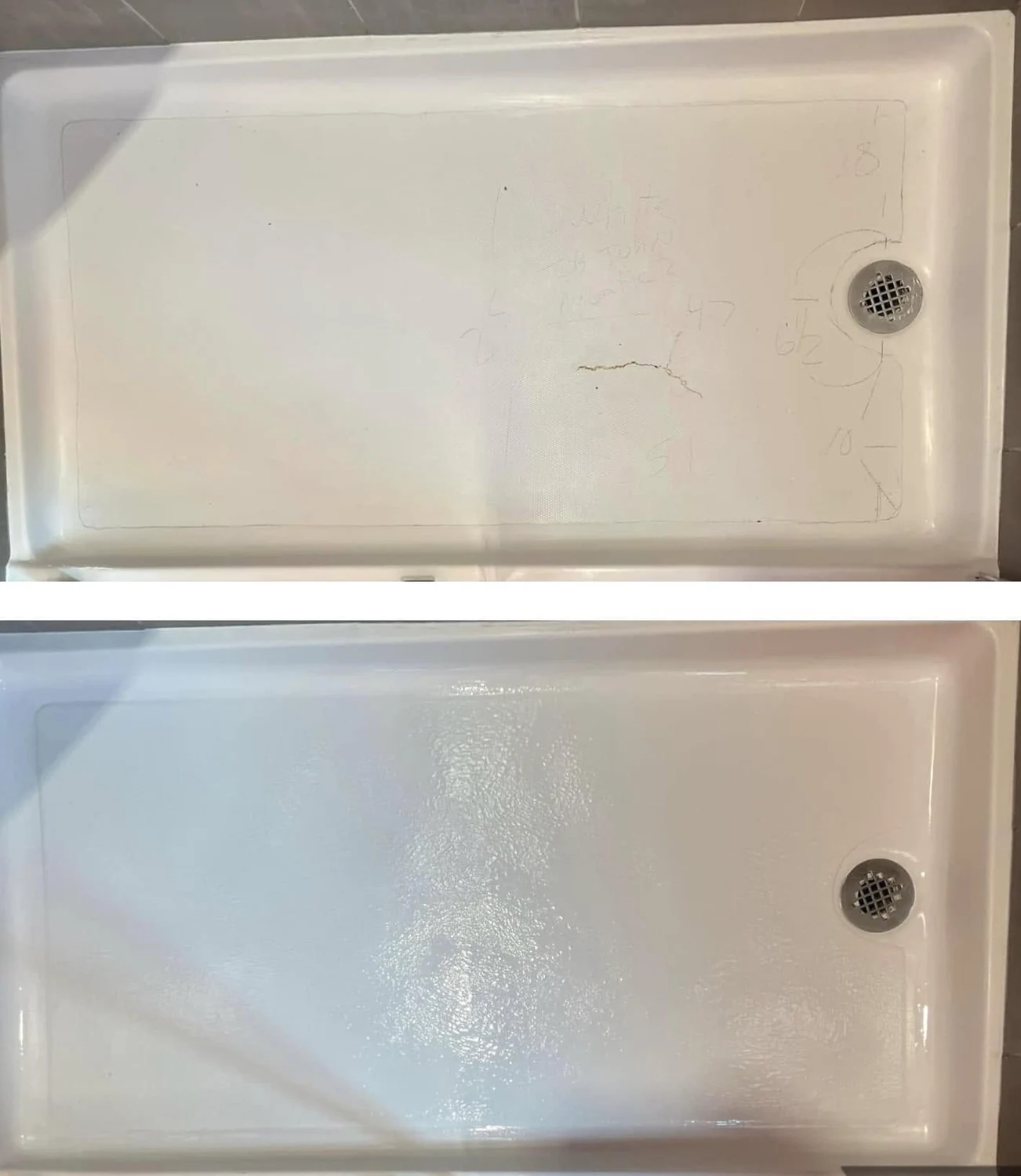 Before and after custom rectangular shower repair